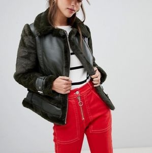 River Island faux fur aviator jacket in green